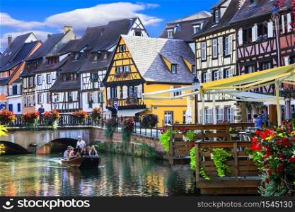 France travel. Most beautiful and colourful towns. Colmar in Alsace region. Tourist sightseeing boat. September 2016. Colmar town - popular tourist attraction in Alsace, France