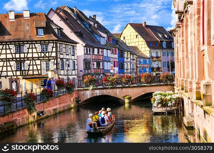 France travel. Most beautiful and colourful towns. Colmar in Alsace region. Tourist sightseeing boat. September 2016. Colmar town - popular tourist attraction in Alsace, France