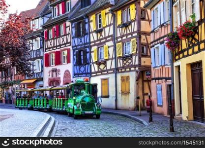 France travel. Most beautiful and colourful towns. Colmar in Alsace region. Tourist sightseeing train. September 2016. Travel and landmarks of France. Alsace region, Colmar town