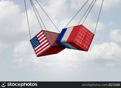 France USA trade war and American tariffs global trade dispute as two opposing cargo freight containers in French tax economic conflict over import and exports or Paris agreement crisis as a 3D illustration.