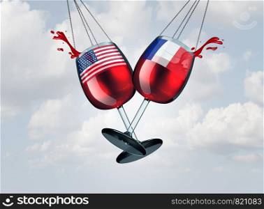 France USA wine tariff trade war and American tariffs global trade dispute as two opposing glasses with wines as French tax economic conflict over import and exports as a 3D illustration.