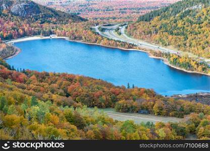 Franconia Notch State Park, aerial view of Lake in foliage season.