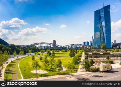 FRANKFURT AM MAIN, GERMANY, SEPTEMBER 10, 2015: New headquarters of the European Central Bank or ECB. Frankfurt, Skyline