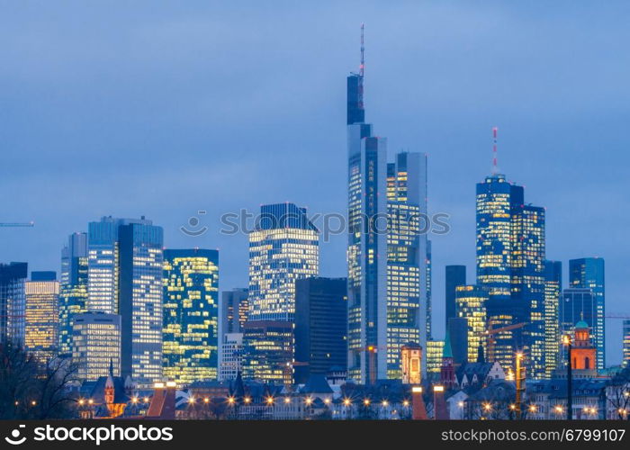 Frankfurt am Main. View of the business center the city at sunset.. View on skyscrapers in modern city center. Frankfurt. Germany.