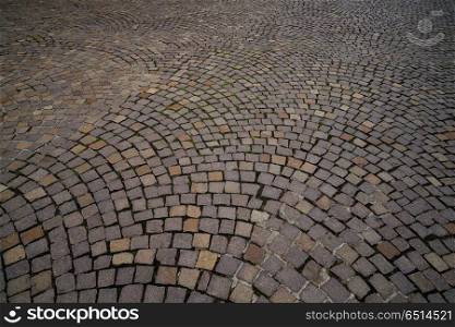 Frankfurt mosaic cobblestone street soil pavement paving in Germany. Frankfurt mosaic cobblestone street soil pavement