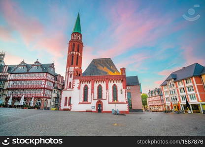 Frankfurt Old town square romerberg at twilight in Germany.