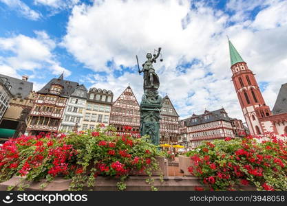 Frankfurt old town with the Justitia statue. Germany