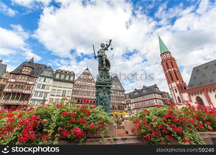 Frankfurt old town with the Justitia statue. Germany