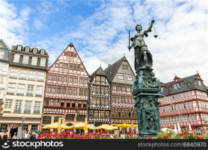 Frankfurt old town with the Justitia statue. Germany
