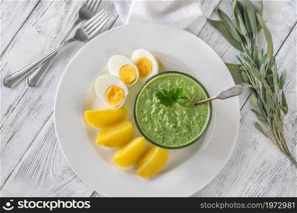 Frankfurt&rsquo;s Green Sauce garnished with boiled potatoes and eggs