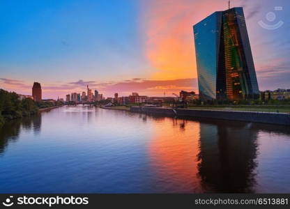 Frankfurt skyline at sunset in Germany. Frankfurt skyline at sunset in Germany with Meno river and Hafenkran building