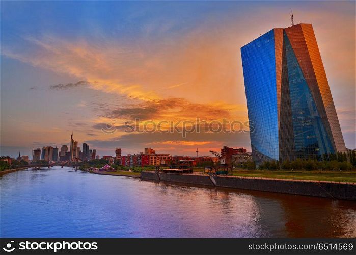 Frankfurt skyline at sunset in Germany. Frankfurt skyline at sunset in Germany with Meno river and Hafenkran building