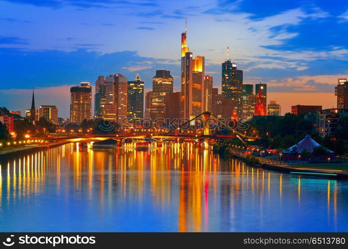 Frankfurt skyline at sunset in Germany. Frankfurt skyline at sunset in Germany with Meno river