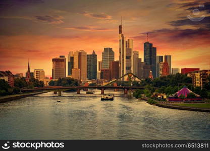 Frankfurt skyline at sunset in Germany. Frankfurt skyline at sunset in Germany with Meno river