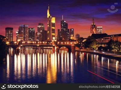 Frankfurt skyline at sunset in Germany. Frankfurt skyline at sunset in Germany with Meno river