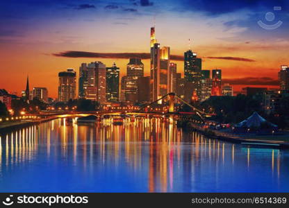 Frankfurt skyline at sunset in Germany. Frankfurt skyline at sunset in Germany with Meno river