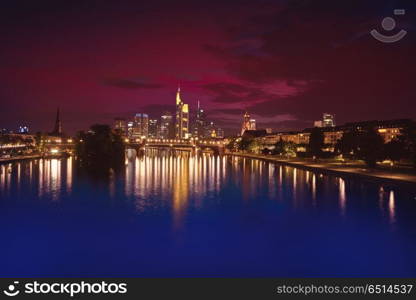 Frankfurt skyline at sunset in Germany. Frankfurt skyline at sunset in Germany with Meno river