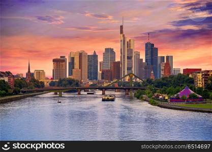Frankfurt skyline at sunset in Germany with Meno river. Frankfurt skyline at sunset in Germany