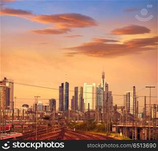 Frankfurt skyline from railway station Germany. Frankfurt skyline at sunset from railway station in Germany