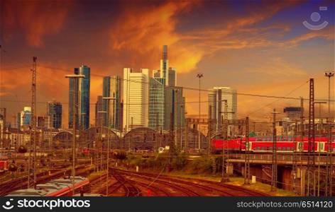 Frankfurt skyline from railway station Germany. Frankfurt skyline at sunset from railway station in Germany
