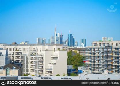 Frankfurt skyline with apartment buildings in the foreground, Germany