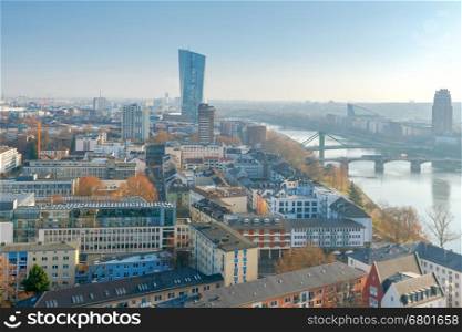 Frankfurt. View of the central part the city.. Aerial view of the city on a sunny morning. Frankfurt. Germany.