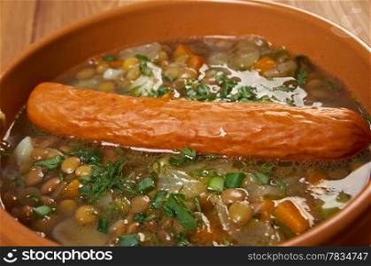 Frankfurter Linsensuppe -German Lentil Soup with sausage.farmhouse kitchen