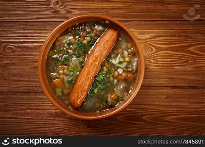 Frankfurter Linsensuppe -German Lentil Soup with sausage.farmhouse kitchen