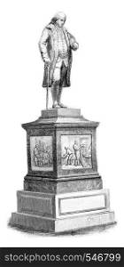 Franklin statue in Boston, vintage engraved illustration. Magasin Pittoresque 1861.