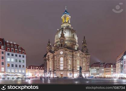 Frauenkirche at night in Dresden, Germany. Lutheran church of Our Lady aka Frauenkirche with market place at night in Dresden, Saxony, Germany