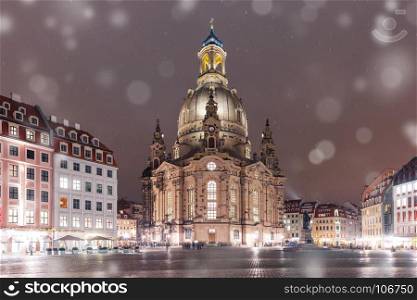 Frauenkirche at night in Dresden, Germany. Lutheran church of Our Lady aka Frauenkirche with market place at night in Dresden, Saxony, Germany