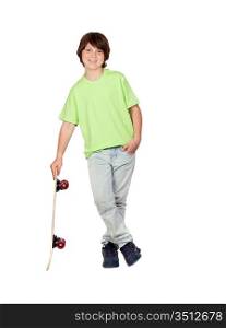 Freckled boy with skateboard isolated on white background