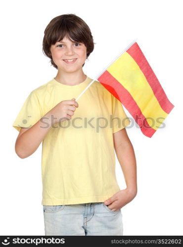 Freckled boy with spanish flag isolated on white background