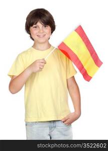 Freckled boy with spanish flag isolated on white background