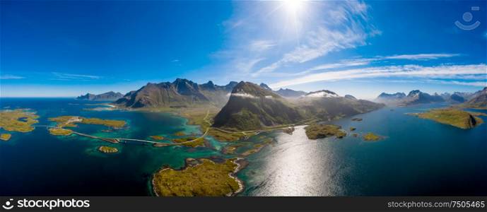 Fredvang Bridges Panorama. Lofoten islands is an archipelago in the county of Nordland, Norway. Is known for a distinctive scenery with dramatic mountains and peaks, open sea and sheltered bays.