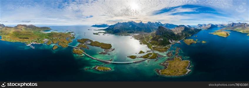 Fredvang Bridges Panorama. Lofoten islands is an archipelago in the county of Nordland, Norway. Is known for a distinctive scenery with dramatic mountains and peaks, open sea and sheltered bays.