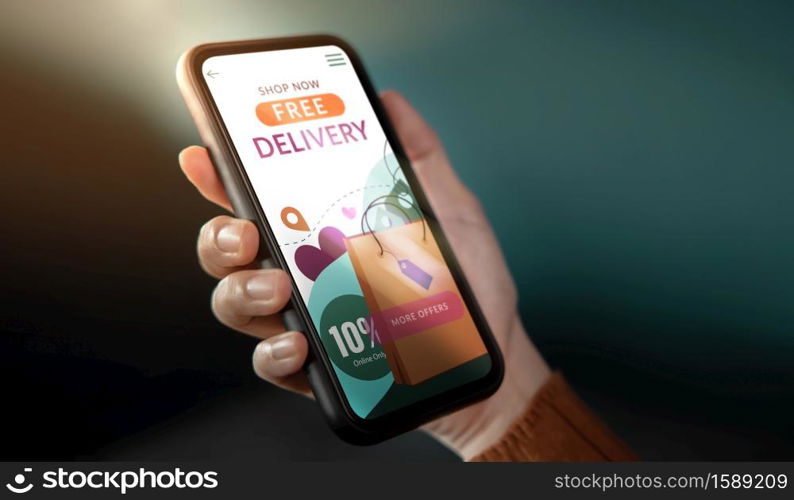 Free Delivery Promotion Concept. Digital Marketing Strategy. Closeup of Customer Woman Using Mobile Phone to Shopping Online. Free Shipment Campaign show on Screen