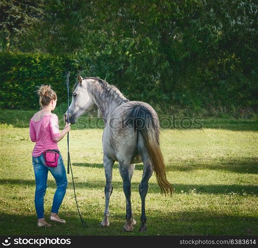 Free horse with a woman. Horsemanship scene. Horse free dressage