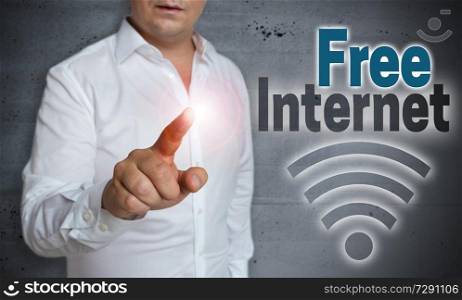 Free Internet icon touchscreen is operated by man.. Free Internet icon touchscreen is operated by man