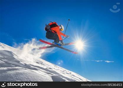 Free-rider skier during a deep snow jump