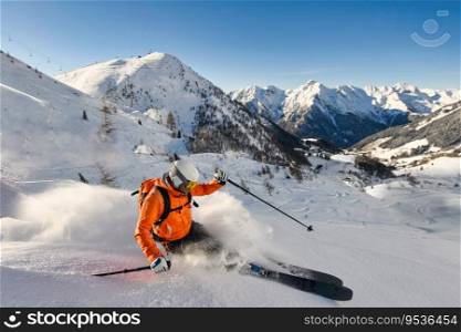 Free-rider skier in action in ski resort on the Italian alps