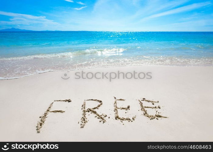 Free text on sandy beach. Free text on white sandy beach and sea