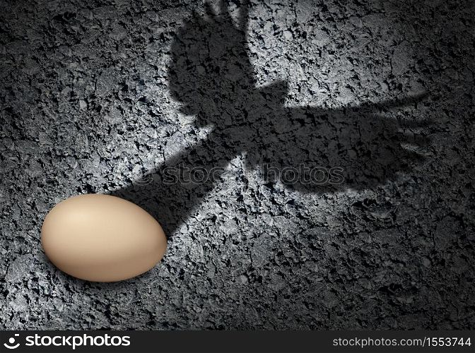 Freedom and aspiration concept or ambition idea as an egg casting a shadow of a bird as an achievement and hope for future success symbol with 3D illustration elements.