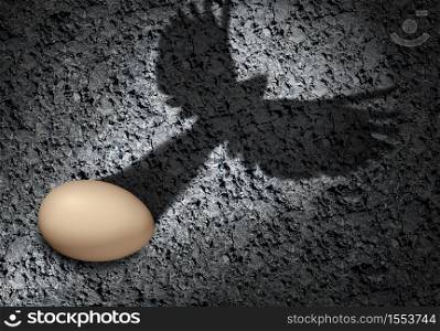 Freedom and aspiration concept or ambition idea as an egg casting a shadow of a bird as an achievement and hope for future success symbol with 3D illustration elements.