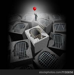 Freedom concept and escape out of a cage as a psychology to open your dreams and achieve personal or business success and control your destiny icon with 3D illustration elements.