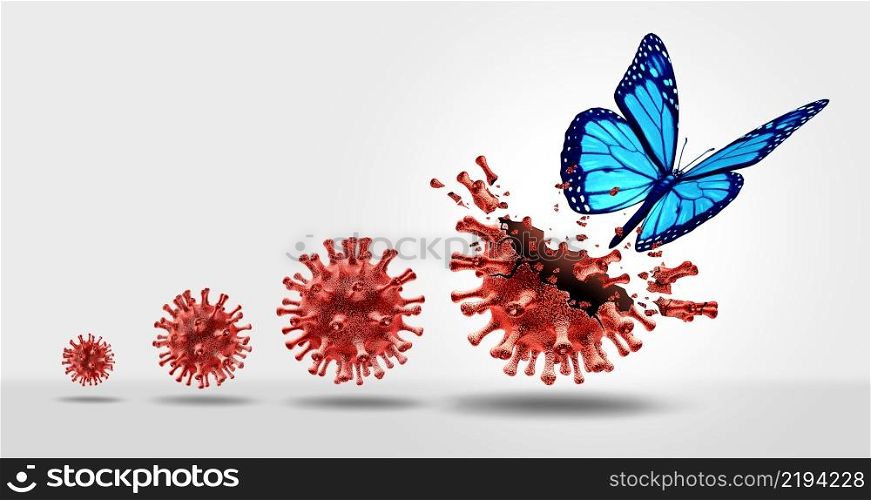 Freedom from disease as a Variant virus cell concept and new mutating coronavirus outbreak or covid-19 viral outbreak as a transformation of influenza as flu strain medical health idea with pathogen cells as a 3D render.