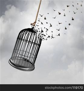 Freedom idea with a birdcage turning into flying birds as a captivity abstract concept with 3D rendering elements.