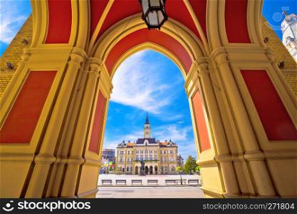 Freedom square in Novi Sad arches and architecture view, Vojvodina region of Serbia