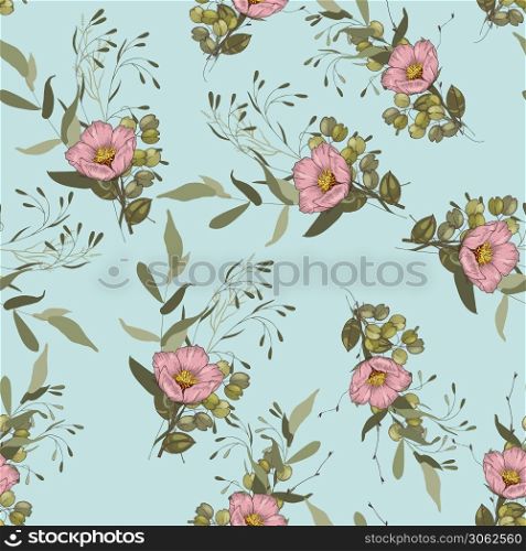 Freehand flowers seamless floral pattern with wild flowers and tropic leaves. Botanical background. Wallpaper. Hand drawn. Vector illustration