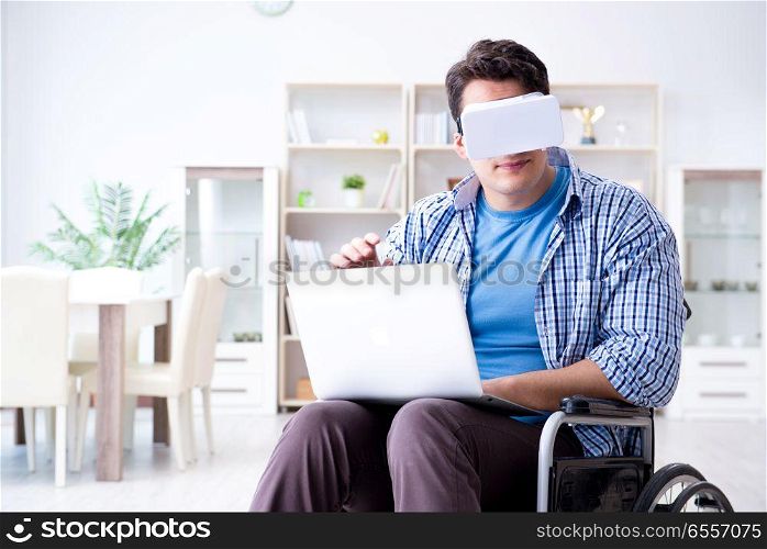 Freelance student studying with laptop and virtual reality glass. Freelance student studying with laptop and virtual reality glasses. Freelance student studying with laptop and virtual reality glass